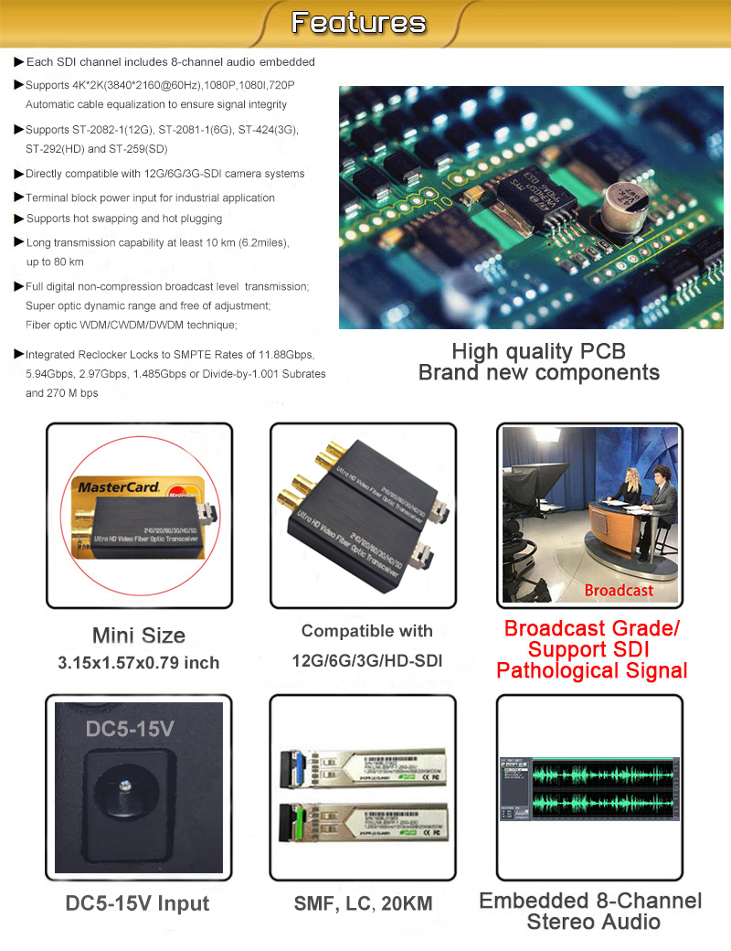 Мини двухнаправленный конвертер 5-15VDC SMF 20KM волокна 12G SDI