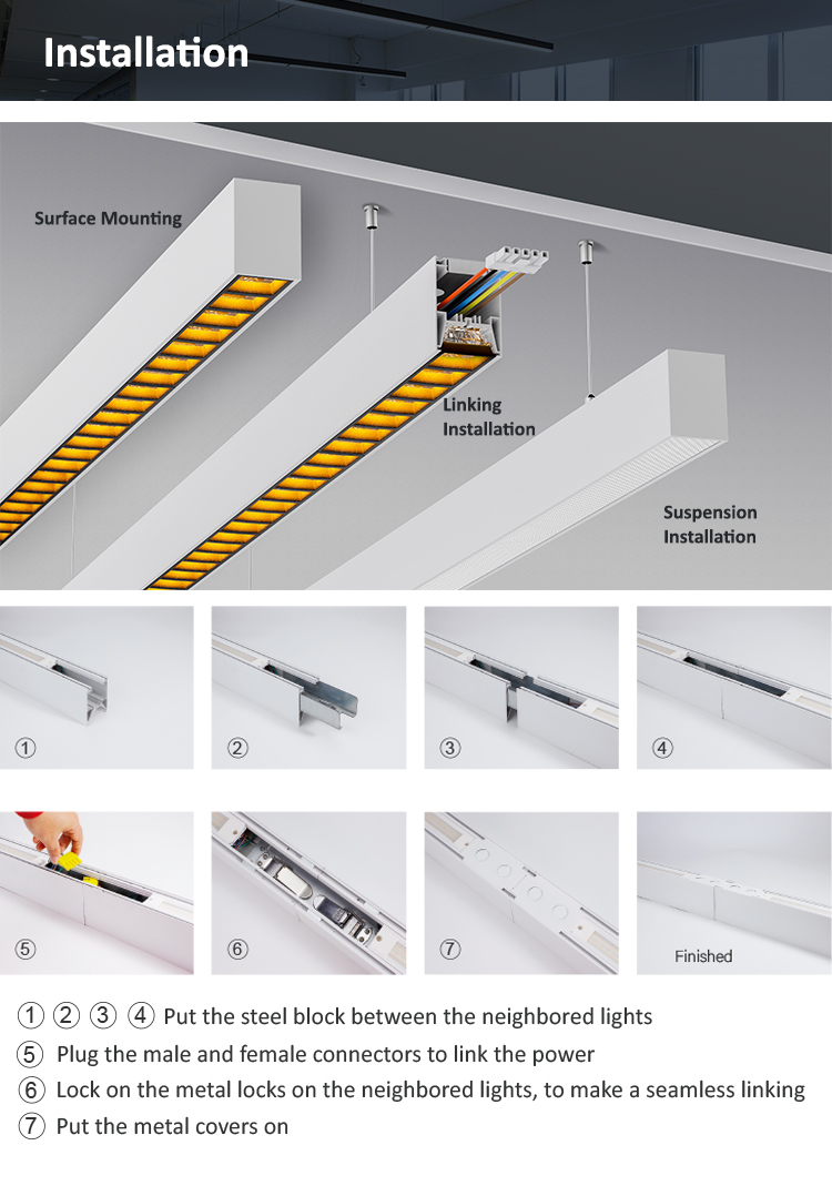 Seamless Linking LED Linear Light with UGR<19 and 5-Year Warranty for Office and Commercial Spaces