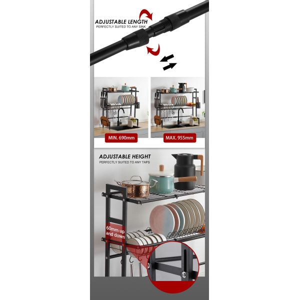 Stainless Steel Adjustable Over Sink Dish Rack 2 Tiers 780mm Height 255mm Width