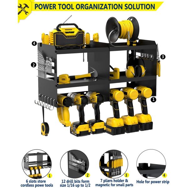 Wall Mounted Garage Cordless Power Tool Pegboard Hook Organizer Storage Rack 6 Holder