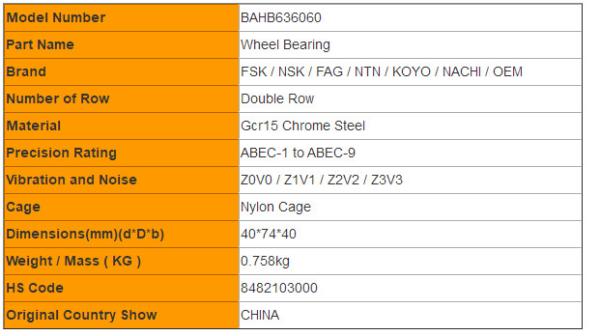 BAHB636060 Car Wheel Hub Bearing Size 40*74*40mm Timken Auto Bearings