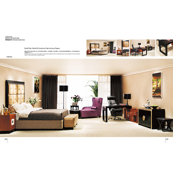 Ebony Wooden Finished Hotel Bedroom Furniture With Fabric Chaise Lounge Chair