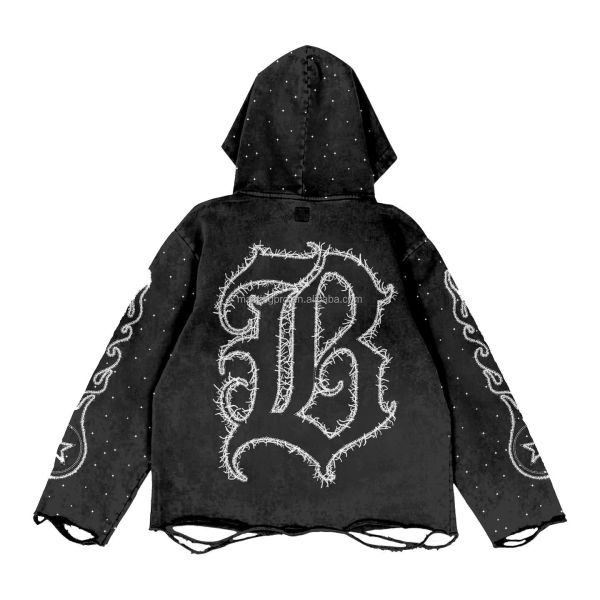 Black Vintage Rhinestone Hoodie Distressed Embroidery Patch 220 Grams Heavyweight Acid Wash