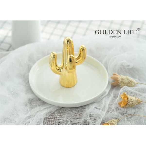 Jewelry Plate Imitated Cactus Jewelry Plate Green Gold Color Ceramic Jewelry Dish