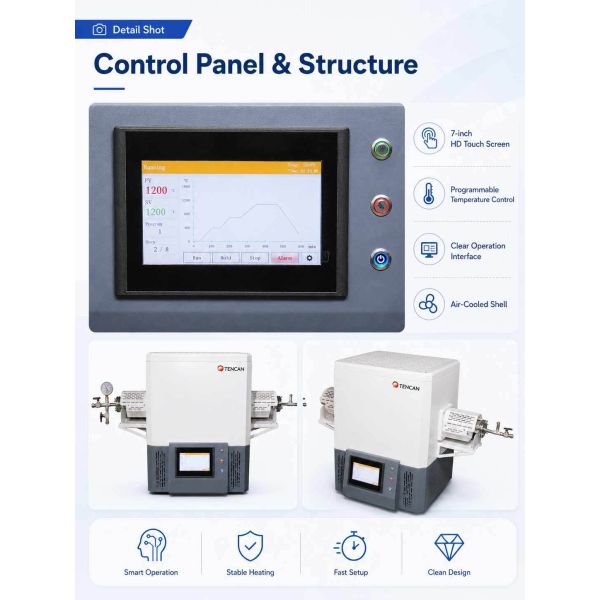 TENCAN MoSi2 Heating 1600C Vacuum Tube Furnace TC-16MT B Type Thermocouple Split Lab Oven 30-Segment Programmable Advanced