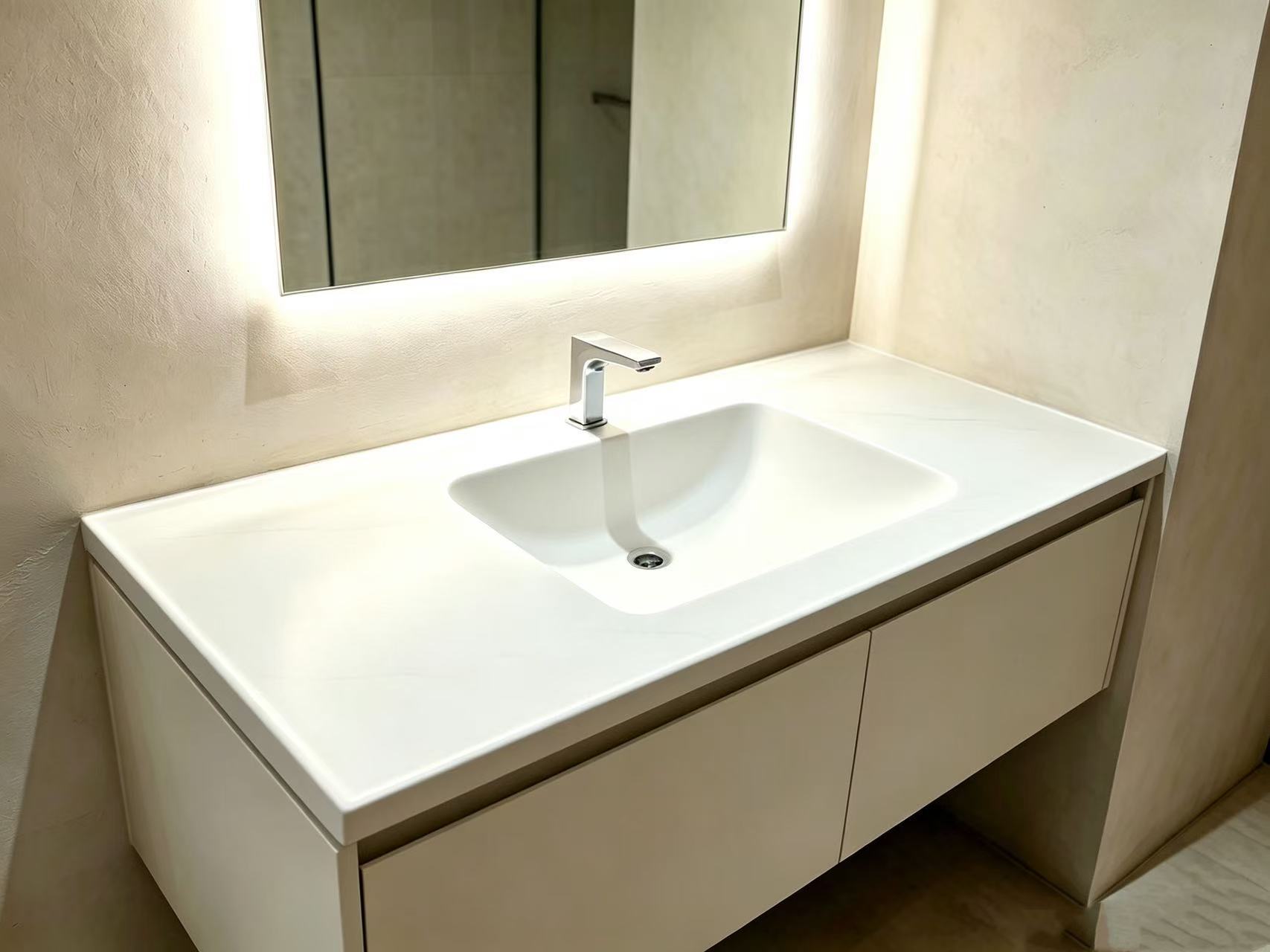 SOLID SURFACE INTEGRATED VANITY WITH CURVED FRONT RECTANGULAR BASIN,SEAMLESS SOLID SURFACE COUNTER BASIN, MATTE WHITE WASH VANITY