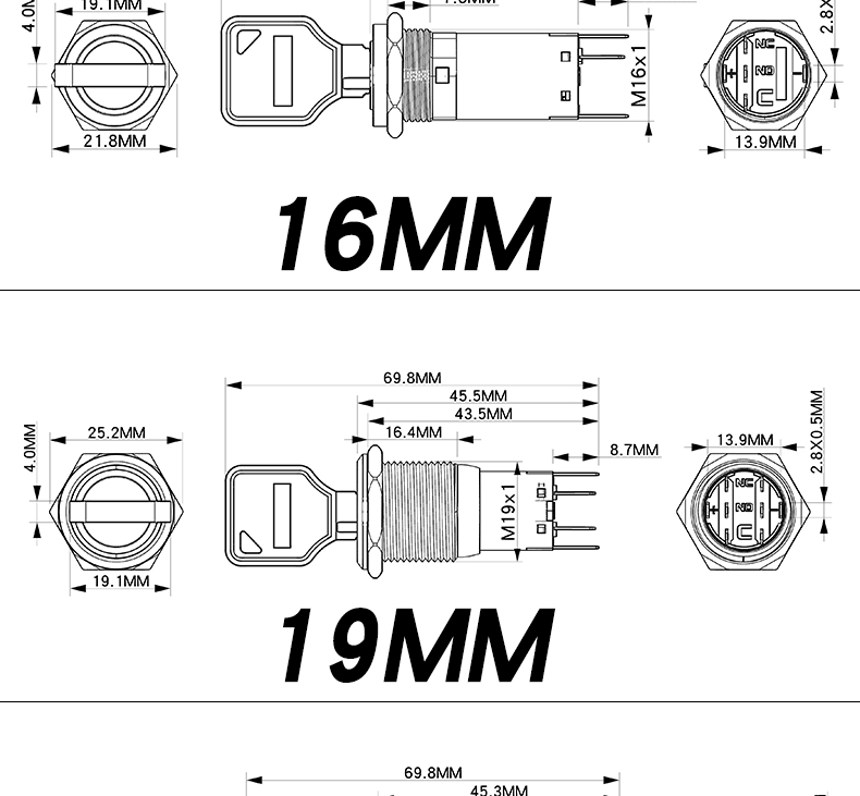 YZ-YSN-D Metal Key/knob IP65 Home Appliance Switch 16/19/22mm Self-Locking 1NO1NC/2NO2NC 220VAC Ring Illuminated LED 2/3