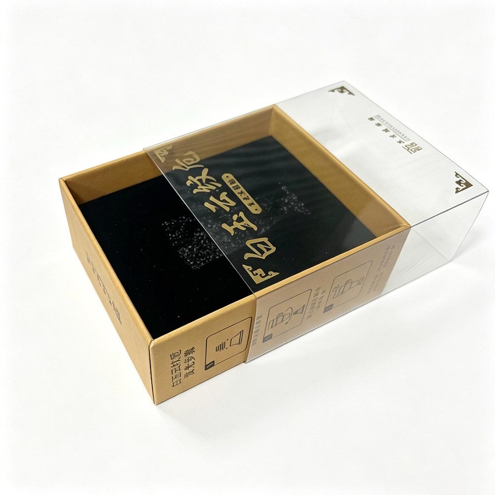 Gold Foil Stamping PET Sleeve Gift Boxes With Clear Window Velvet Pearl Cotton Insert