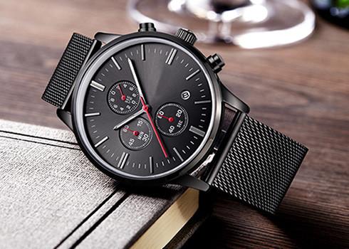 Black SS Stainless Steel Chronograph Watch Mesh Bracelet 50m Water Resistant