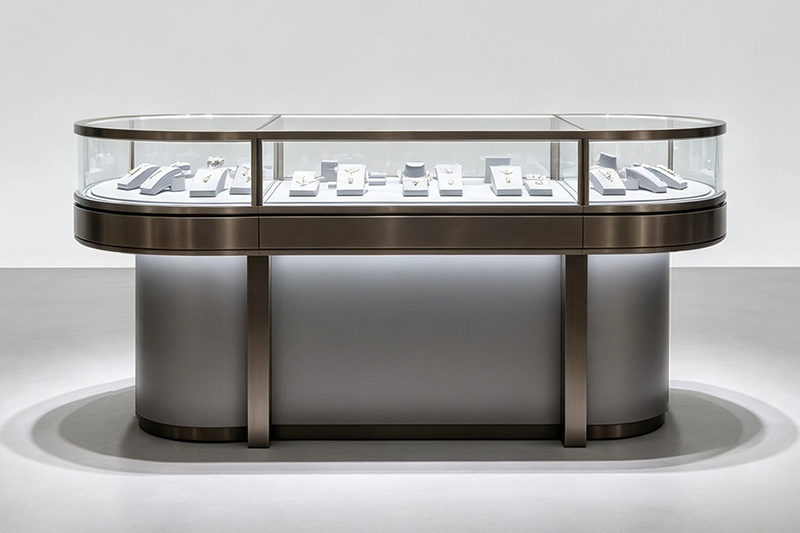 Custom Oval Tempered Glass Jewelry Island Display Counter with Stainless Steel Frame and LED Lighting for Boutique Jewelry Shop