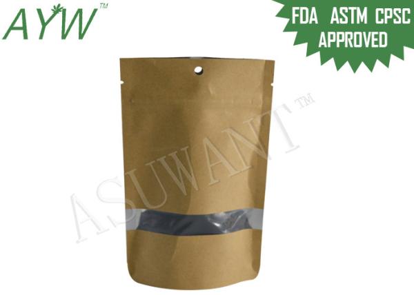 Resealable Brown Kraft k Bags With Eyelet Window , Kraft Stand Up Pouches Round Hole