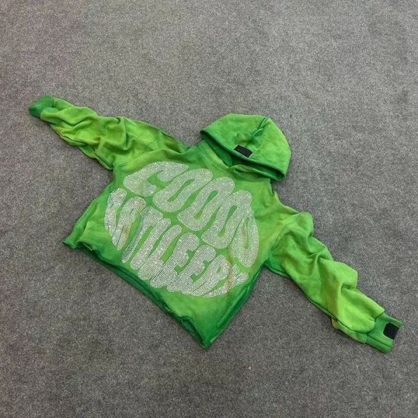 Custom Streetwear Heavyweight French Terry Cotton Acid Wash Pullover Rhinestone Cropped Hoodie Men