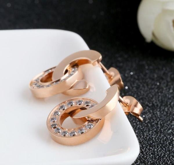 Diamond Necklace Jewelry Set, Double Ring Drop Earring with Diamond, Rose Golden Stud Jewelry