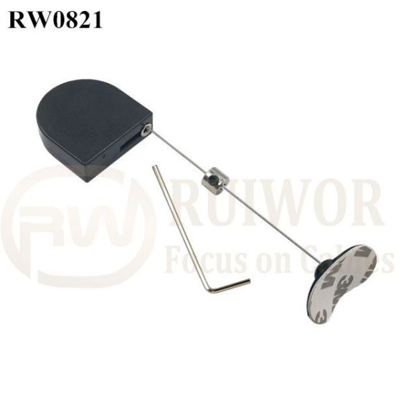 RW0821 D-Shaped Mini Retractable Tether Plus 33x19MM Oval Sticky Flexible Rubber Tips Cable Cord End