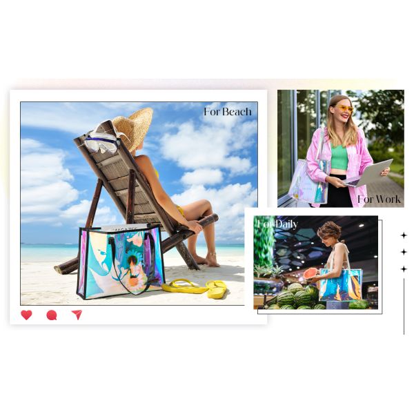 sustainable recyclable Holographic Clear Tote Bag With Leather Handle Iridescent Bachelorette Beach Bag For Work Stadium Travel