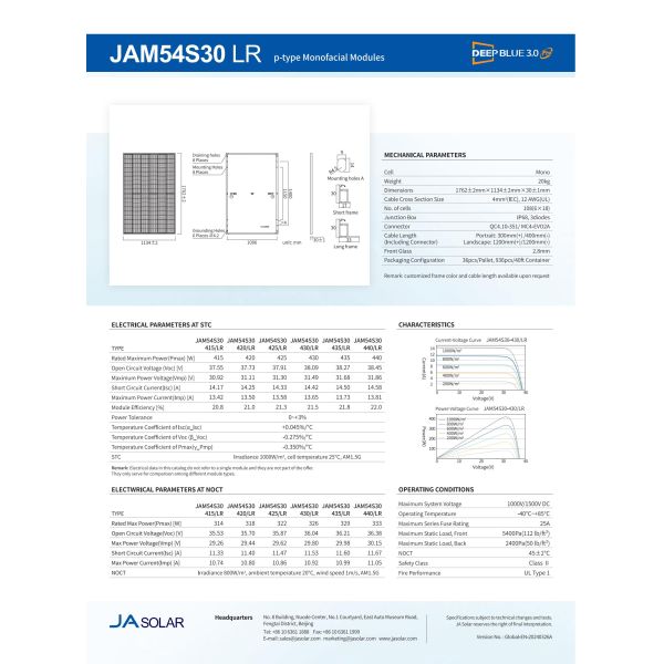 EU Warehouse JA Solar 415W-440W Deep Blue 3.0 JAM54S30 LR Monofacial Solar Panel Made