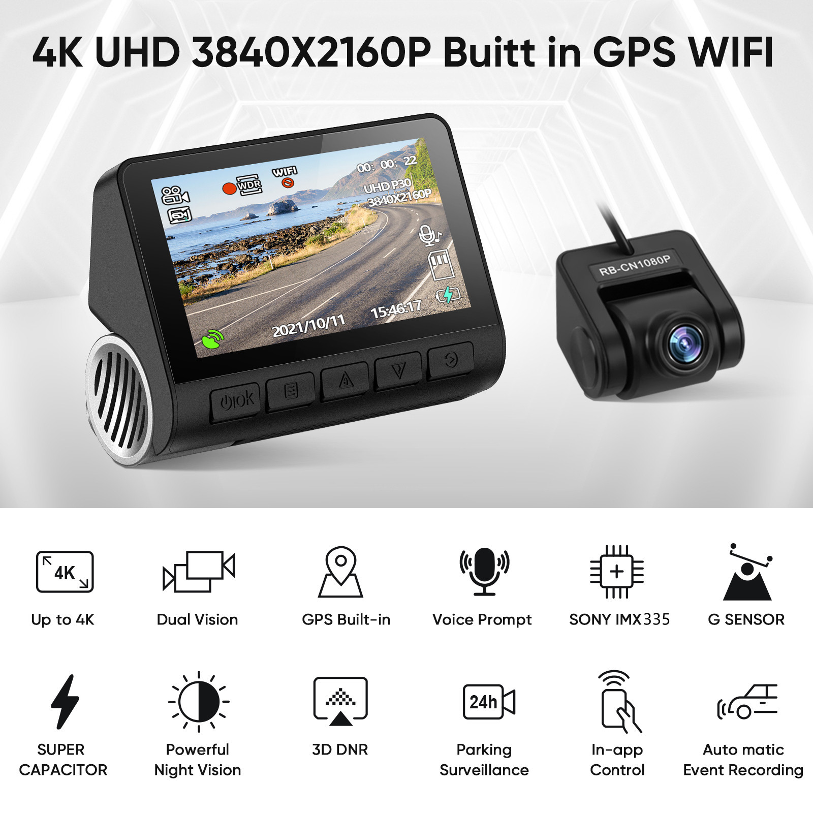 Видеозапись Camara Dashcam рекордера черного ящика DVR камеры корабля автомобиля Wifi GPS 4K