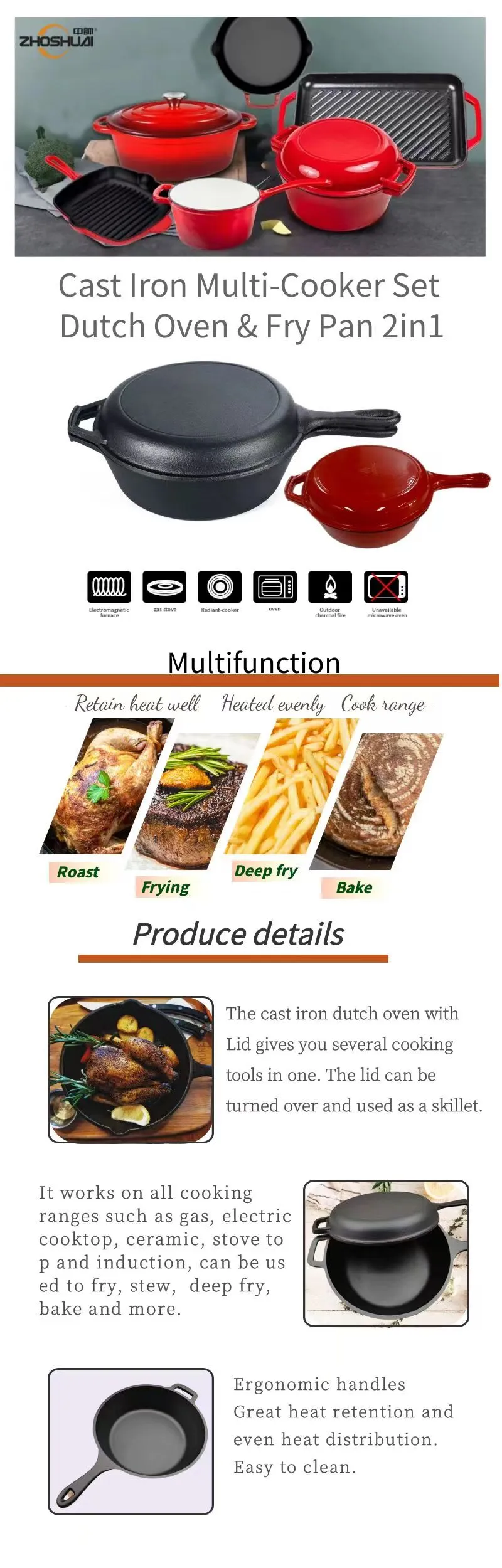 2 en 1 four néerlandais de cocotte en terre pré chevronnée de fonte avec la longue poignée