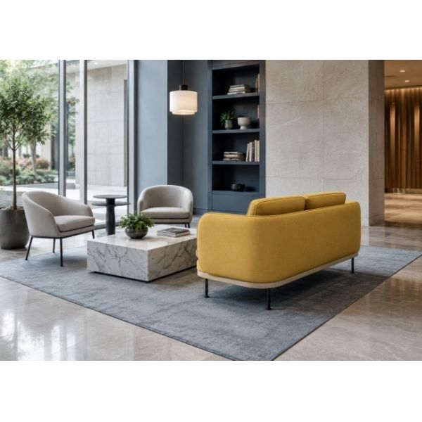 Upholstered Commercial Sofa Rounded 3 Seater Sofa With Wood Base For Hotel Lounge