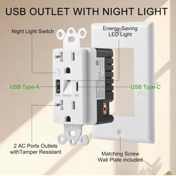 20A 125V USB type C Sortie murale Nuit de lumière