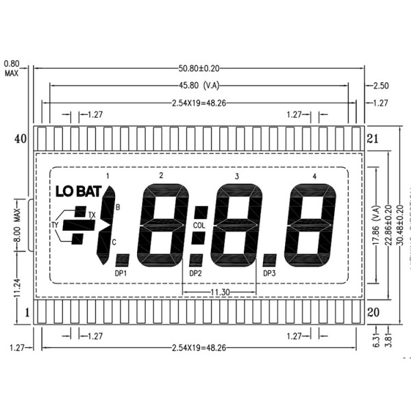 Character LCD Display Module Reflective 7-Segment TN - Twisted Nematic 50.80mm x 30.48mm x 2.80mm
