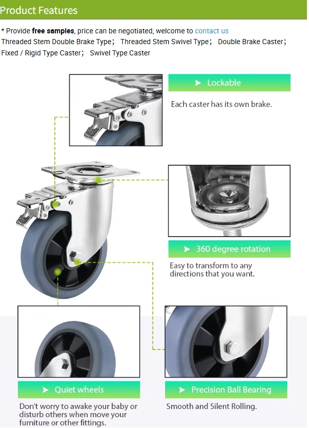 Threaded Stem Medium-Heavy Duty TPR Industrial Removable Caster Wheels – Smooth & Floor-Friendly Mobility