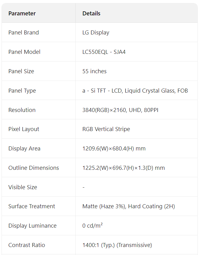 55 Inch Lg Smart Tv Panel 3840*2160 LC550EQL-SJA4 120Hz Refresh Rate