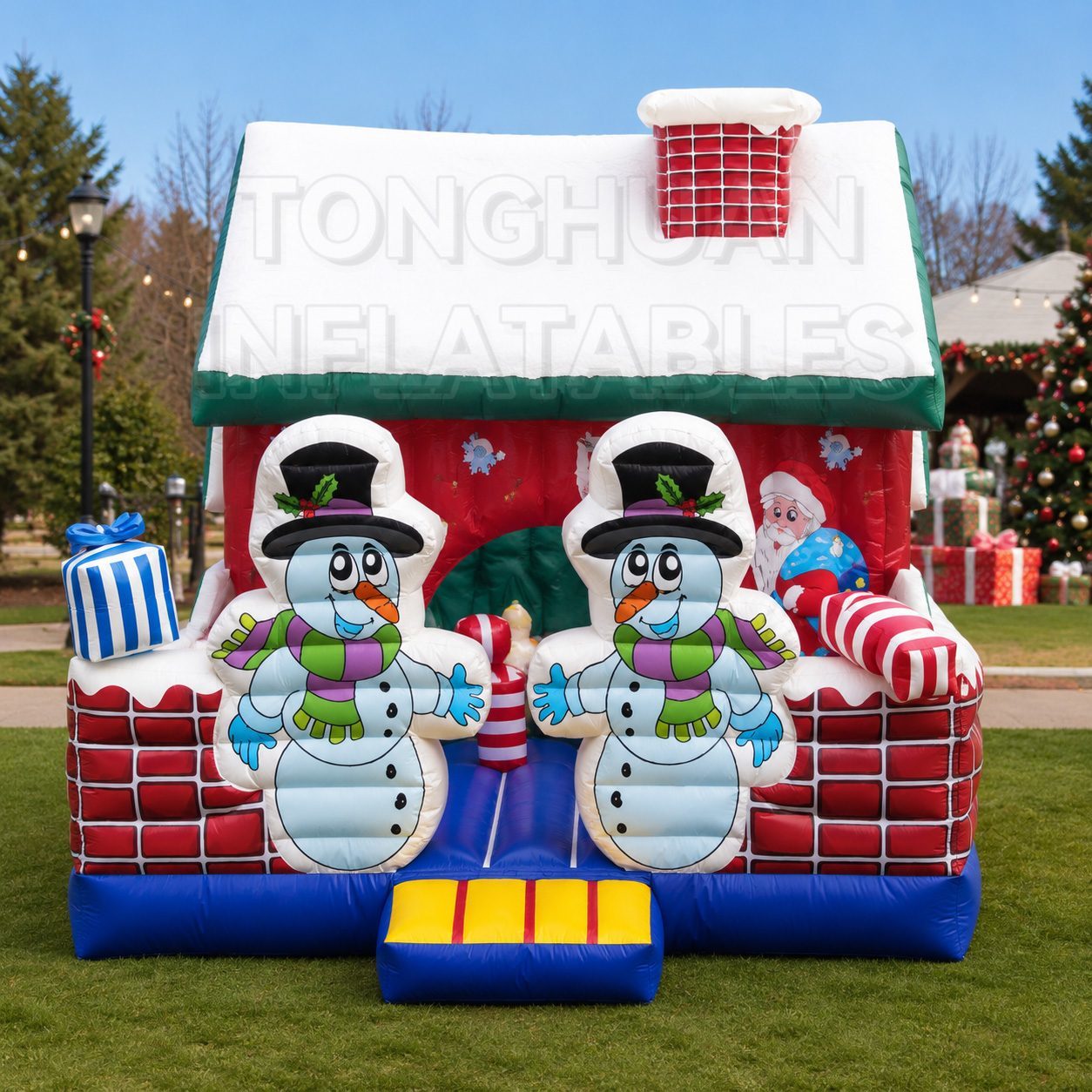 Christmas House Inflatable Bouncer with Snowman Artwork for Kids Holiday Parties Schools Parks and Rental Events