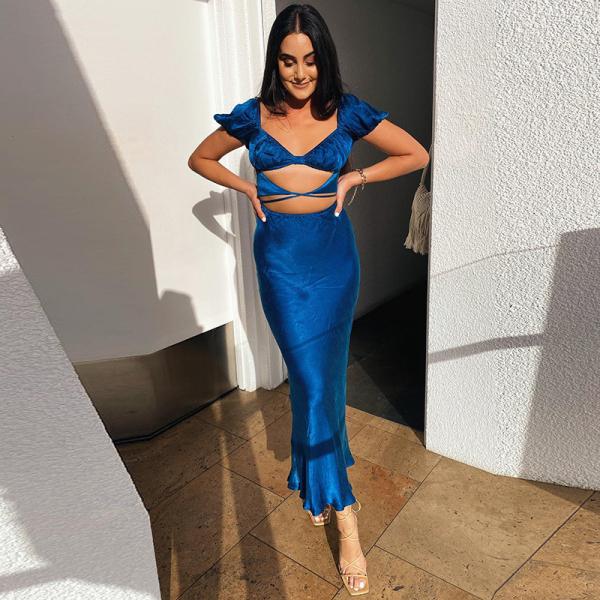 Short Sleeve Strappy Womens Party Maxi Dresses High Waist