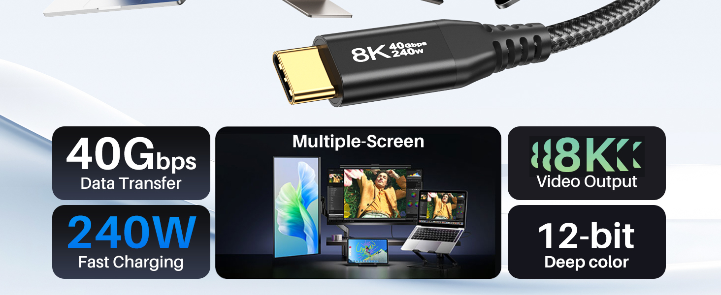 1M USB4 Cables 8K 60Hz Video Fast Charging Type C Cable 240W EPR 40Gbps Compatible With Thunderbolt 4 3