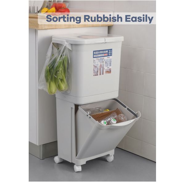 Home STANDING Double Layer Sorting Garbage Can 3 Compartments Trash Can Plastic Waste Bin With Single Lid
