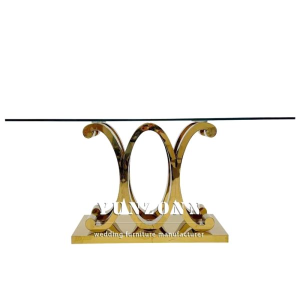 Special Golden Stainless Steel Luxury Glass Dining Table Sets for Bride and Groom for Wedding Events and Hotel Use