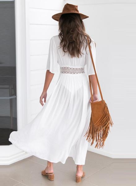 White V-Neck Bohemian Maxi Dress for Women123