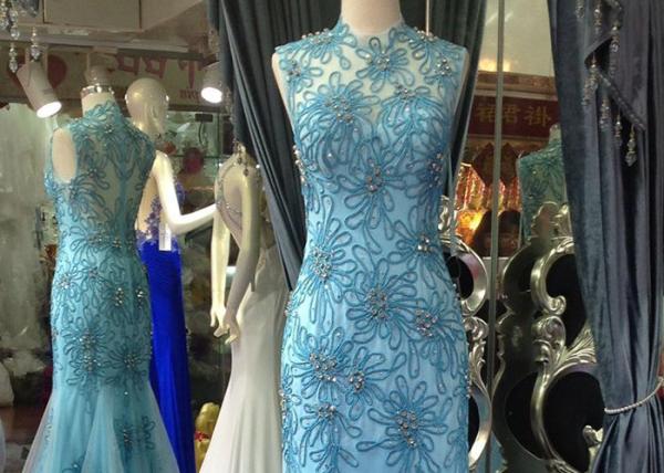 Blue Mermaid Style Prom Dress , High Collar Evening Gown Open Back Tulle Bottom