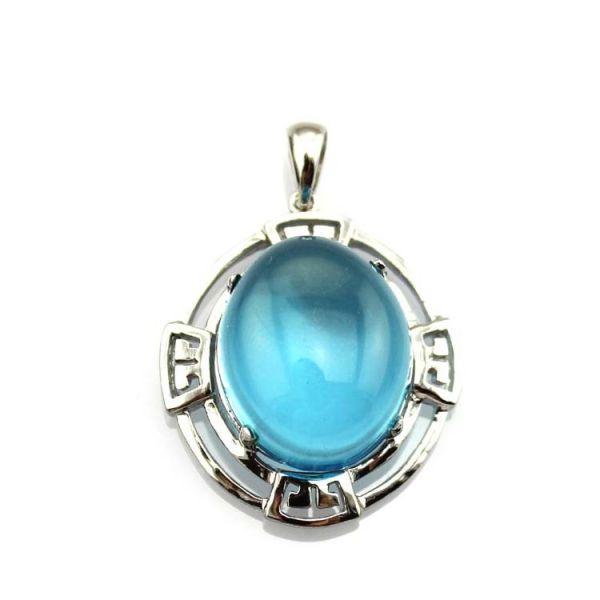 Sterling Silver Oval Dome Created Blue Topaz Cubic Zirconia Pendant  Silver Chain (PSJ0359)