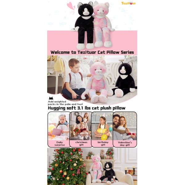 39 Inch Giant Cat Stuffed Animal 3lbs Weighted Black Stuffed Cat Plush with Long Legs Soft Cat Plush Pillow