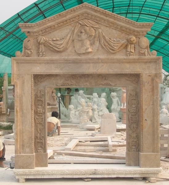 Beige marble fireplace mantel