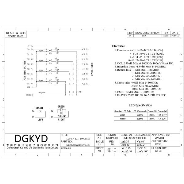 Shielded Gigabit ehternet RJ45 PCB Connector with Transformer RJ45 Network socket DGKYD311Q018DE3A4D