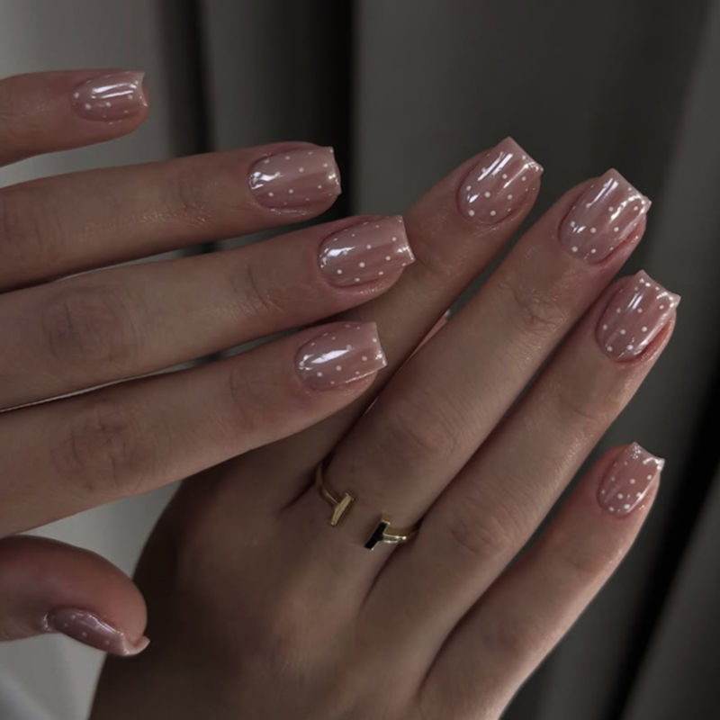Short Oval Pink Pattern Press On Nails Polka Dot Holographic Fake Nails