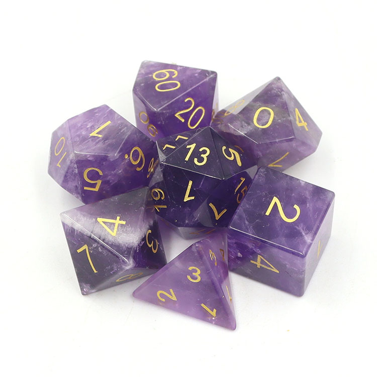 Natural Amethyst Gemstone Polyhedral Dice Set - Hand Carved DND Dice with Golden Ink Engraved Numbers