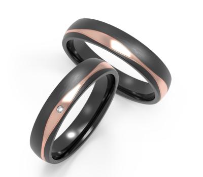 Acier inoxydable noir mat avec une forme unique en or rose et une bague de couple en zircon incrustée