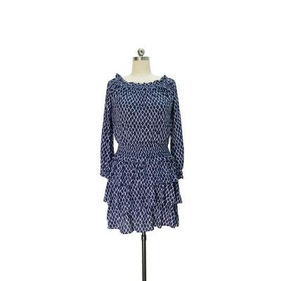 Navy Diamond Print Off-the-shoulder Dress with Smocked Waist and Tiered Ruffled Layers