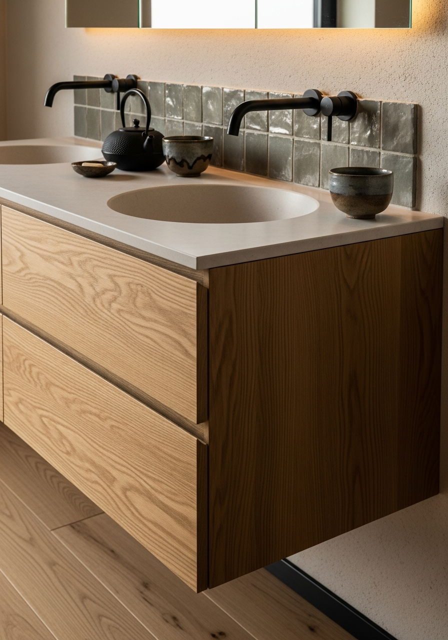 Japandi Oak Vanity with Warm Clay Basin in 304 Stainless Steel