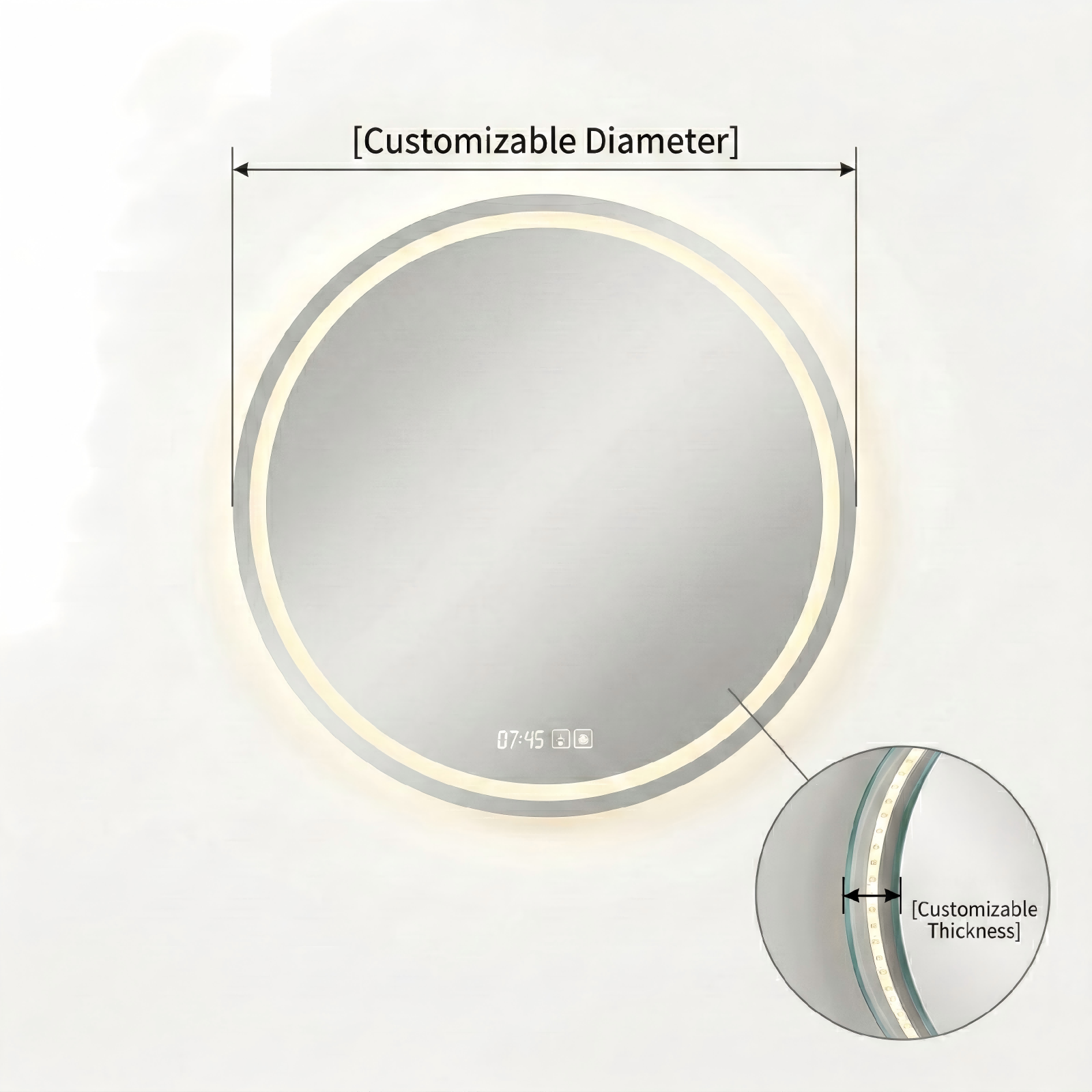 Kingstin Modern Frameless Round LED Smart Mirror | Anti-Fog & Custom Time Display | Luxury Stainless Steel Bathroom Vanity