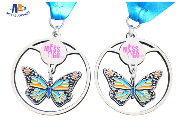 Shiny Silver Stock Dancing Butterfly Relief Medals Cut Out With Sublimated Ribbon