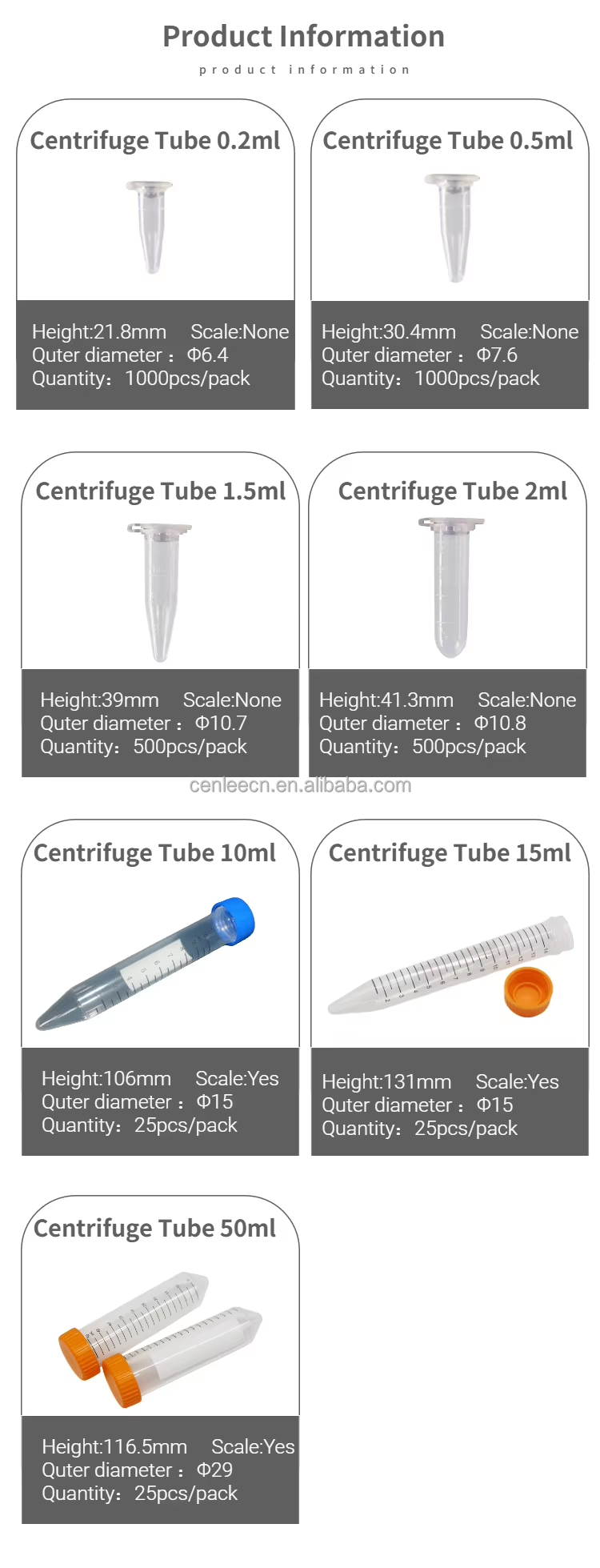 Lab Plastic Microcentrifuge Tube 0.2/0.5/1.5/2ml Pink Purple Bbrown Green Blue Yellow Red Transparent Color Centrifuge Tube