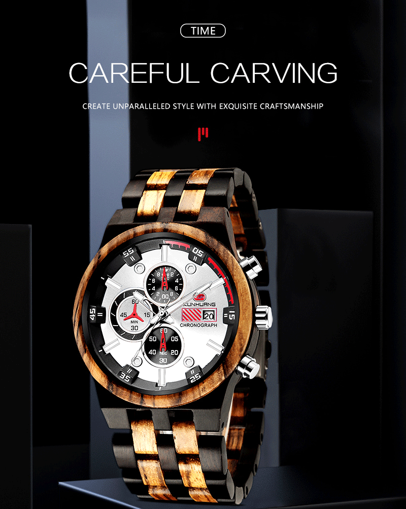 Man White Dial  Stripes Wooden Quartz Watch Business Wristwatch Water Proof 1020-1