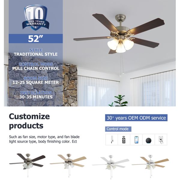 52-Inch European Style Ceiling Fan with MDF Blades and AC Motor for Classic Interiors