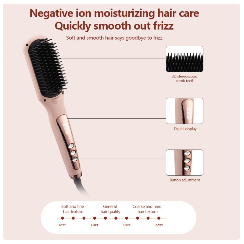Electric Portable Ceramic Ionic Hair Straightener Brush with Metal Handle Adjustable Heat Settings for Home Hotel & Salon Use