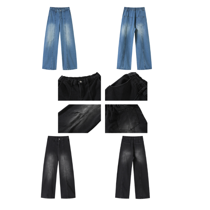 Elastic Back Light Wash Frayed Hem Jeans Black Blue Lyocell Blend Wide Leg Jeans Washed